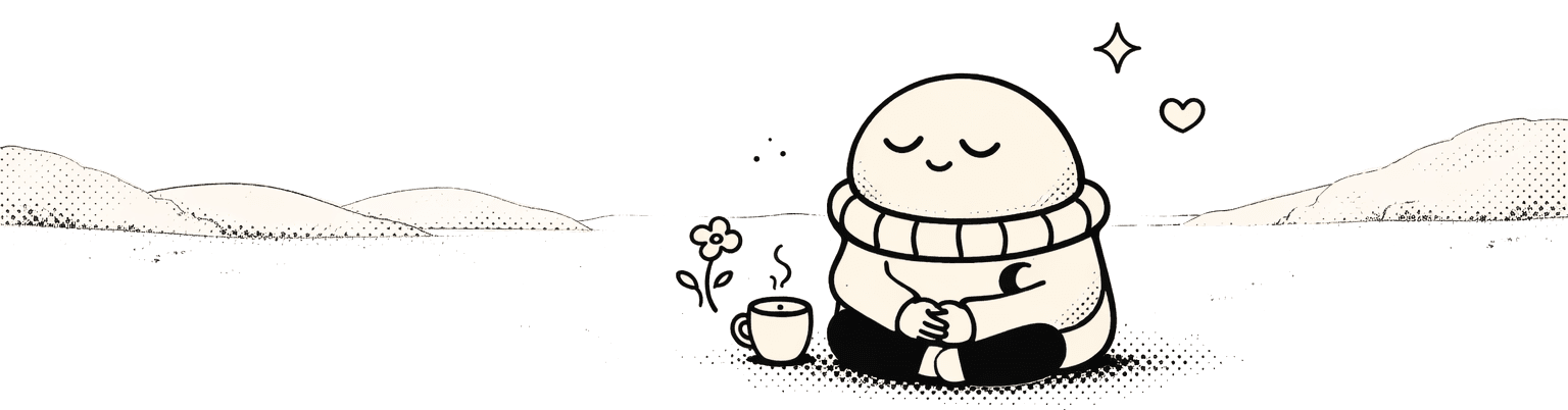 Character at rest — present, peaceful, small figure in wide open space. Lots of negative space.