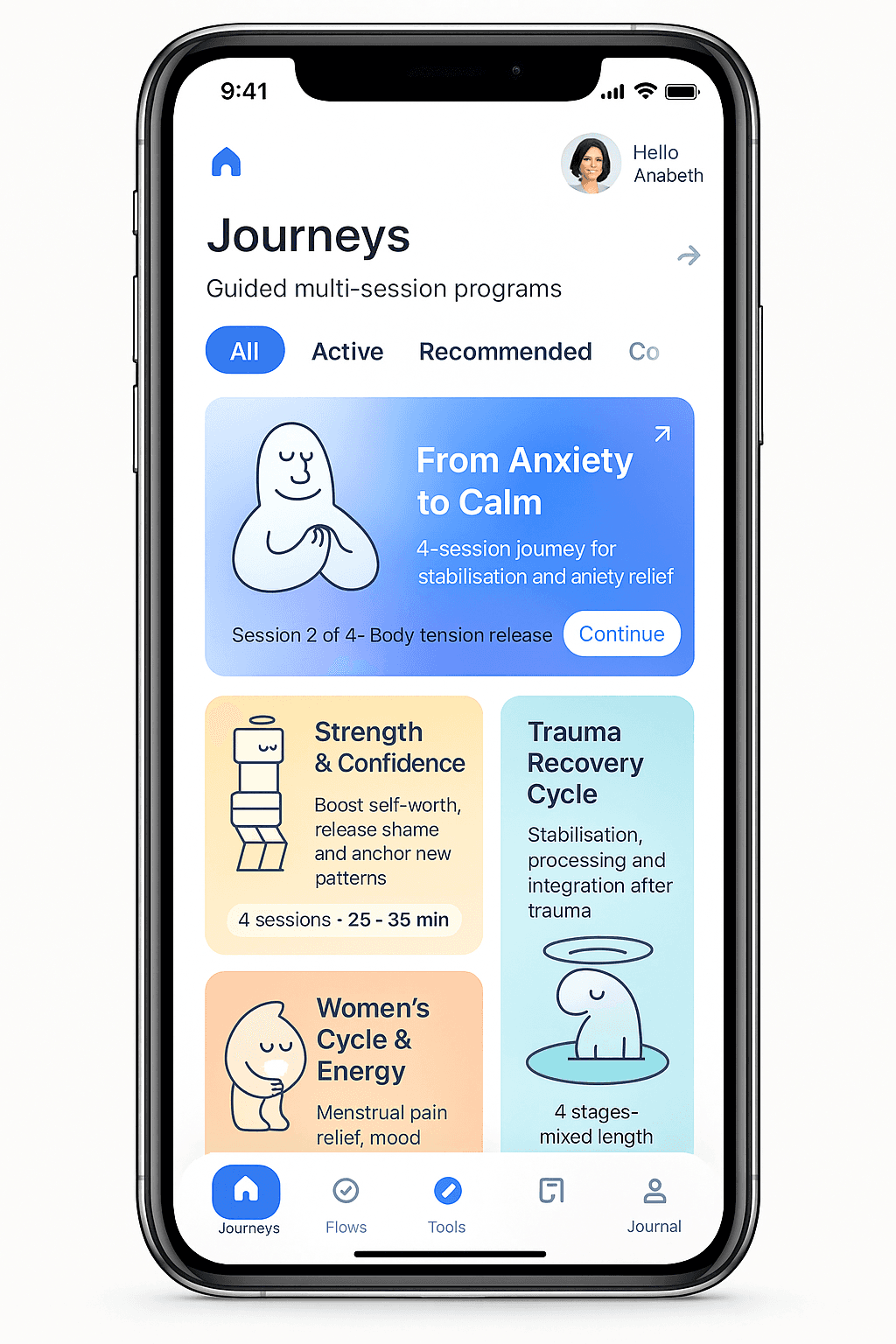 Metta Shift app home screen showing Journeys feature with guided multi-session programs